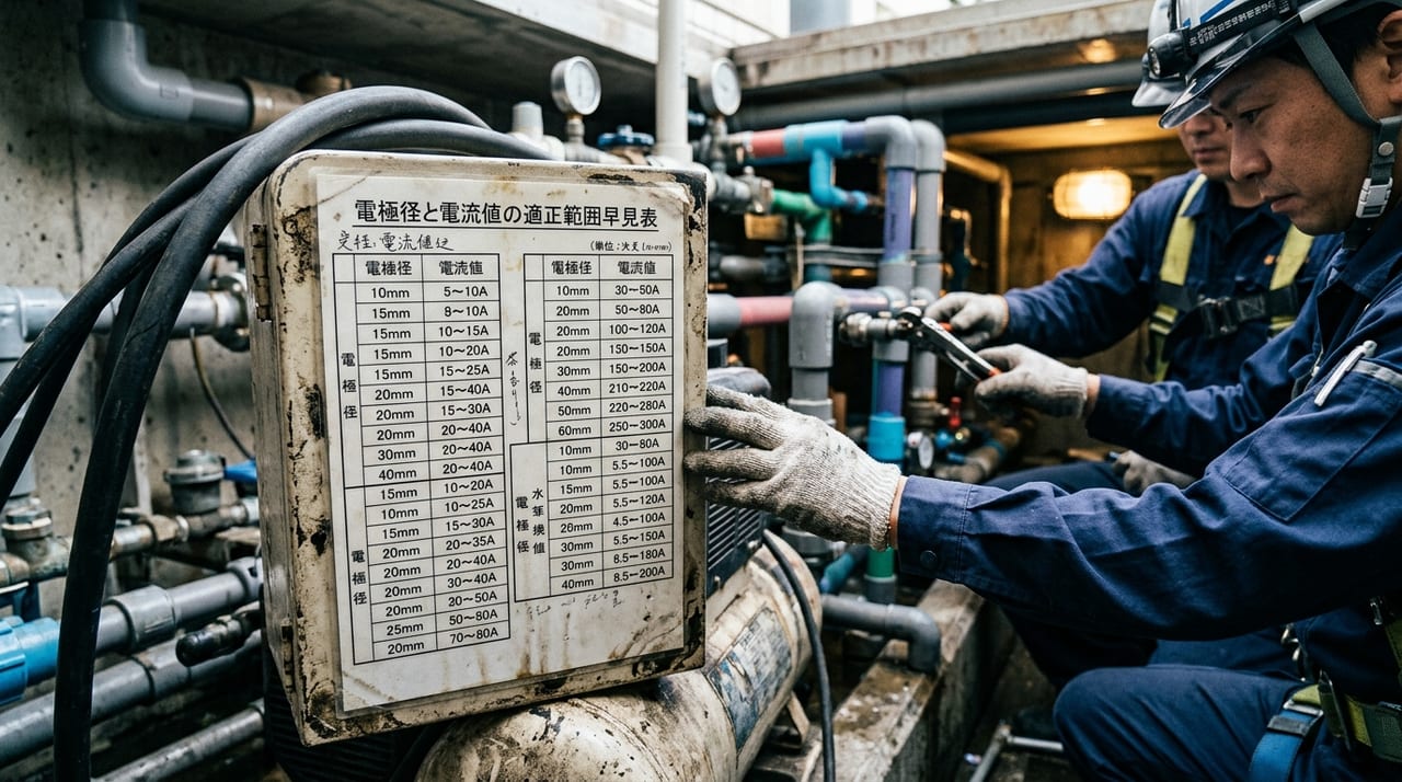 電極径と電流値の適正範囲早見表
