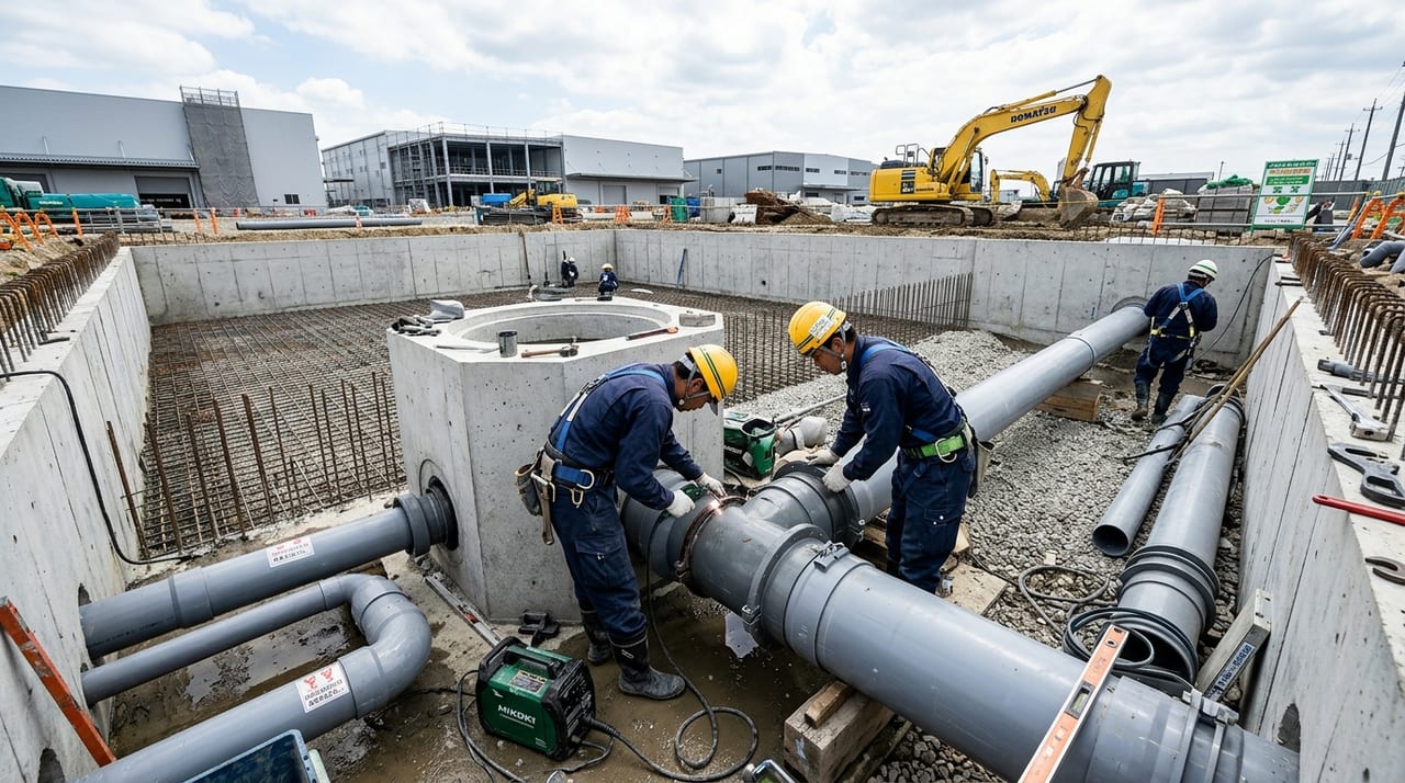 工場・商業施設の雨水流出抑制施設(調整池・貯留浸透施設)とは|設置基準と配管工事のポイント のメインビジュアル