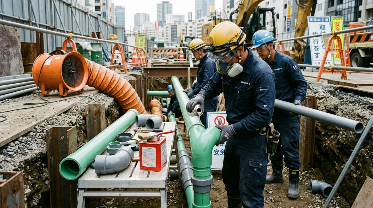塩ビ管の接着剤と有機溶剤中毒予防規則|配管工事の換気と保護具の要点 のメインビジュアル